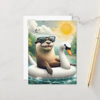 Otter on a Swan Float Postcard