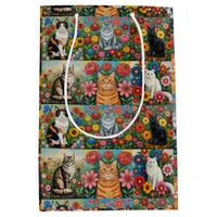 Cute Whimsical Cats and Folk Art Flowers Medium Gift Bag