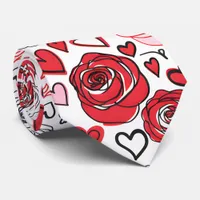 Doodle Art Style Red Pink Roses Hearts Valentine's Neck Tie