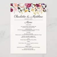 Rustic Burgundy Gold Watercolor Roses Wedding Menu