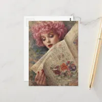Retro Beautiful Pink Hair Lady Reading Paper Postcard