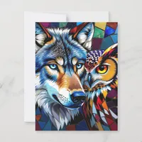 Hyperreaslistic Wolf and Owl | Happy Birthday Postcard