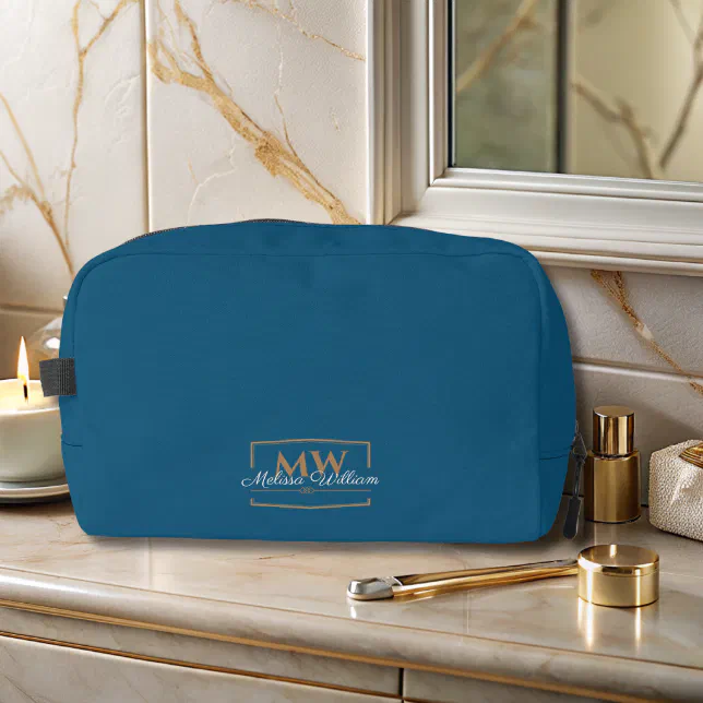 Blue White Gold Monogram Name Script Dopp Kit