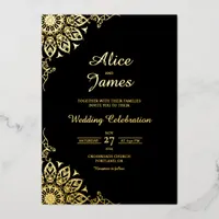 Classic Mandala Black Gold Foil Wedding Invitation