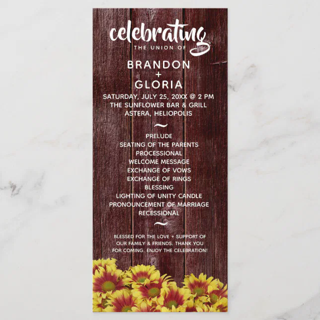 Rustic Autumn Sunflowers on Fence Wedding Program