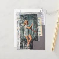 Retro lady tennis and typography collage postcard