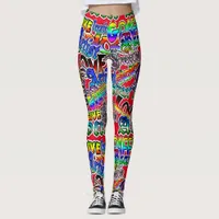 Graffiti Art Leggings, Red Colorful Leggings