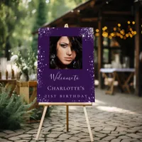 Birthday party purplesilver glitter photo welcome  foam board