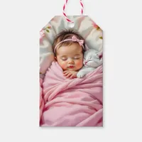 Pink Floral Baby Girl and White Kitten Gift Tags