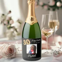 30th Birthday black gold photo Sparkling Wine Label