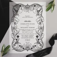 Black Ornate Floral Vintage Frame Wedding Vellum Invitations