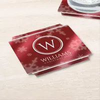 Festive Red Foil Snowflakes Monogram Name Paper Coaster