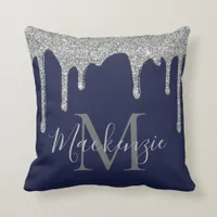 Chic Navy Blue Silver Glitter Drips Monogram Throw Pillow