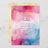 Flowing Pink, Blue, and Gold Alcohol Ink Wedding Invitation