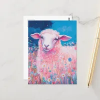 Adorable Pink Sheep in the Flowers Postcard