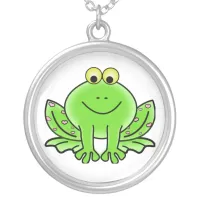 Funny Cute Green Frog Cartoon Silver Plated Necklace