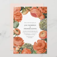 Coral and Sage Watercolor Floral Wedding Photo Invitation