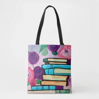 Illustration of Books and Flowers Digital Art Tote Bag