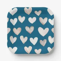 Boho Quirky Cream Beige Hearts Pattern Turquoise Paper Plates