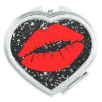 Black faux Glitter with Red Lips Mirror Compact