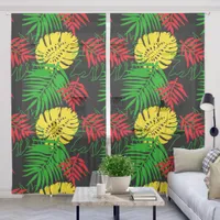 Red Yellow Green Tropical Palm Leaves Black Sheer Curtains