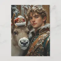 Fantasy blond man and reindeer Christmas Postcard