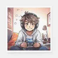 Anime Boy Playing Video Games Birthday Party Napkins