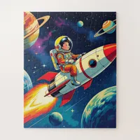 Little Boy on a Rocket Ship Flying through Space Jigsaw Puzzle