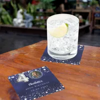 40th birthday navy blue silver stars photo square paper coaster