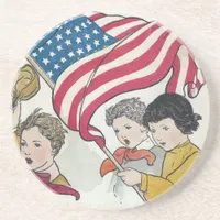 Vintage American Flag and Children Sandstone Coaster