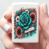  Teal Bloom Leopard Label: Customizable Design Zippo Lighter