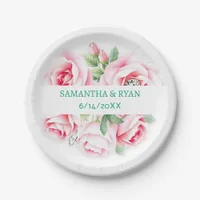 Pink Roses & Green Foliage Wedding Personalized Paper Plates