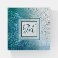 Turquoise Mandala and White Monogrammed Paperweight