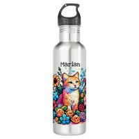 Pixel Art | Cat Sitting in Flowers Personalized  Stainless Steel Water Bottle