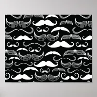 Trendy Hipster Black and White Mustache Pattern Poster