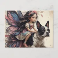 Fairy Riding a Boston Terrier Fantasy Postcard