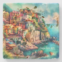 Coastal Charm Cinque Terre Italy Watercolor | Stone Coaster