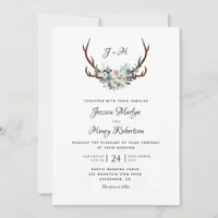 Rustic Floral Antlers Elegant Wedding Invitation