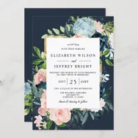 Rustic Watercolor Navy Blush Gold Floral Wedding  Invitation