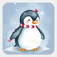 Cute Watercolor Christmas Penguin with Scarf Square Sticker