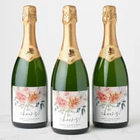 Cheers Florals Peonies Coral Peach Wedding Favor  Sparkling Wine Label