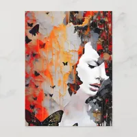 Woman and Butterflies Grunge Painting Postcard