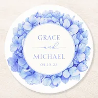 Elegant Blue Hydrangea Watercolor Floral Wedding Round Paper Coaster