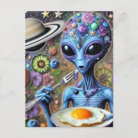 Funky Blue Alien Eating Fried Eggs Postcard