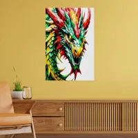 Fire breathing dragon red, green, and yellow scale poster