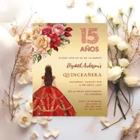 Quinceanera red gold dress florals invitation