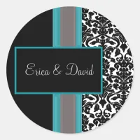 Aqua White Black Damask Wedding Invitations Classic Round Sticker