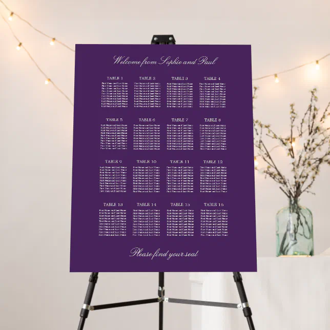 Dark Purple 16 Table Wedding Seating Chart Foam Board