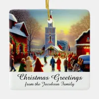 Christmas Greetings Village Churchgoers Kitsch Ceramic Ornament