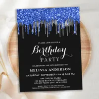Elegant Blue Silver Black Glitter Drips Birthday Postcard